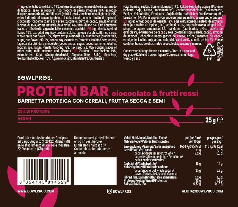 Barretta Proteica Vegana | Cereali, Cioccolato e Frutti Rossi